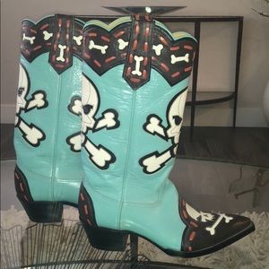 Skull Motif Heeled Boots - Black and Blue